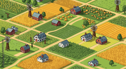 Isometric Farmland Illustration with Barns, Windmills, and Crops