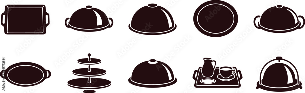 Fototapeta premium Assorted black and white line drawings of classic kitchen and dining serving items