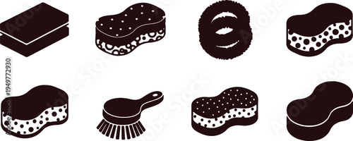 Assorted cleaning tools and sponges in black and white silhouette style