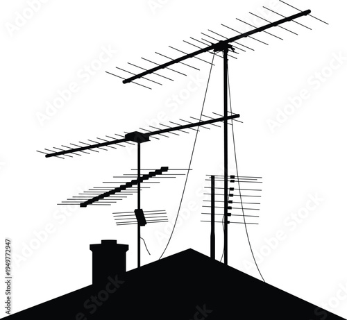 TV antenna silhouette on roof, television signal receiver, rooftop aerial, communication equipment, broadcast technology, old antenna, home roof illustration vector