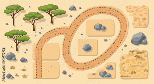 Top-down view of a desert safari road map with trees and rocks