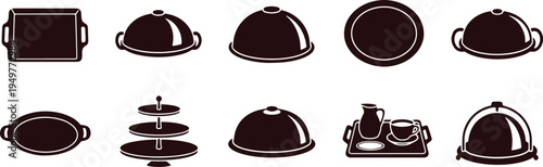 Assorted black and white line drawings of classic kitchen and dining serving items