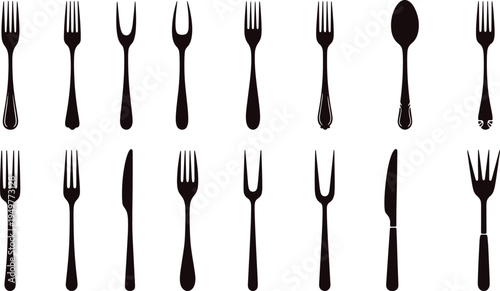 Diverse collection of black and white cutlery and utensils in a flat design style