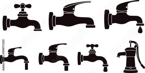 Assorted vintage and modern faucet and water pump designs in black and white