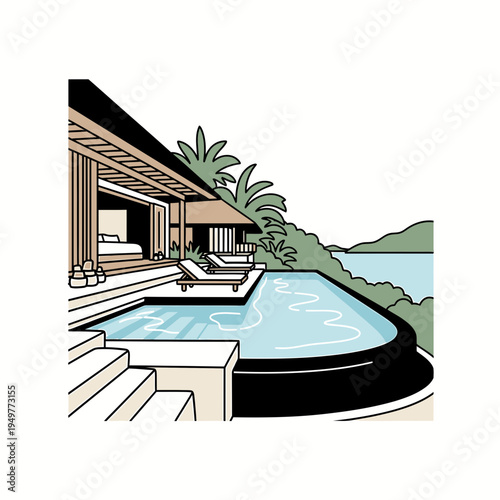 Luxurious Villa with Infinity Pool and Ocean View vector illustration