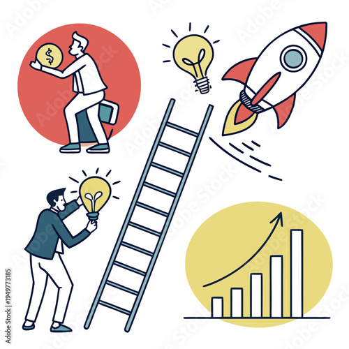 Business growth with rocket and light bulb ladder