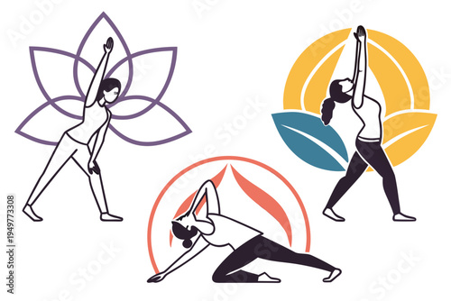 Various yoga poses with lotus and leaf symbols on white background woman exercise fitness