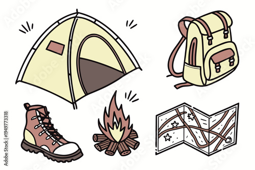 Camping gear including tent backpack boots and map