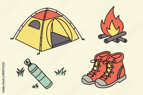 Colorful camping with tent fire and hiking boots campfire water bottle