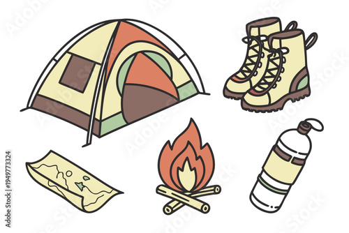 Camping equipment with tent boots and map campfire