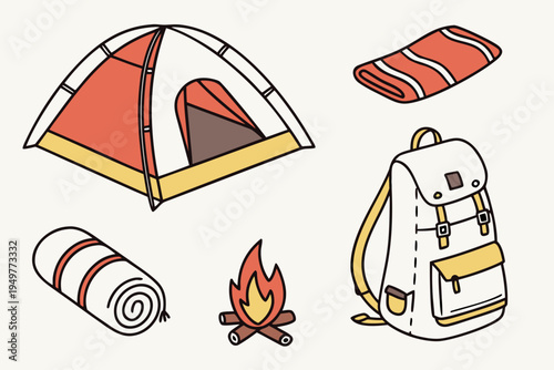 Camping gear with tent backpack and sleeping bag campfire