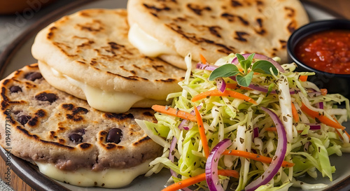 Three thick, cheesy pupusas are served alongside fresh curtido slaw and a side of red dipping salsa on a rustic plate.