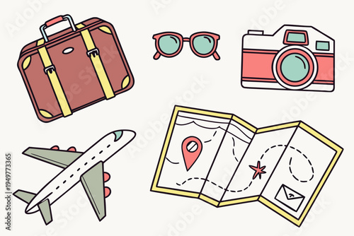 Travel with luggage, camera, and airplane