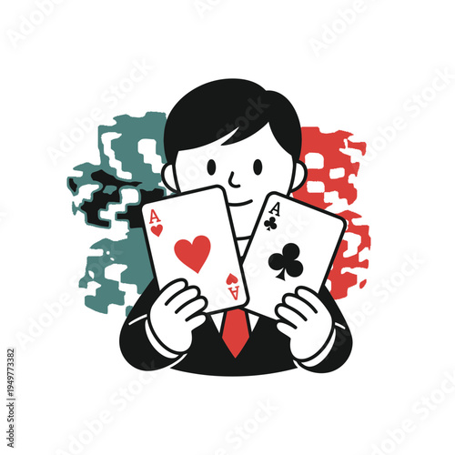 Cartoon Man Holding Two Aces Playing Cards vector illustration