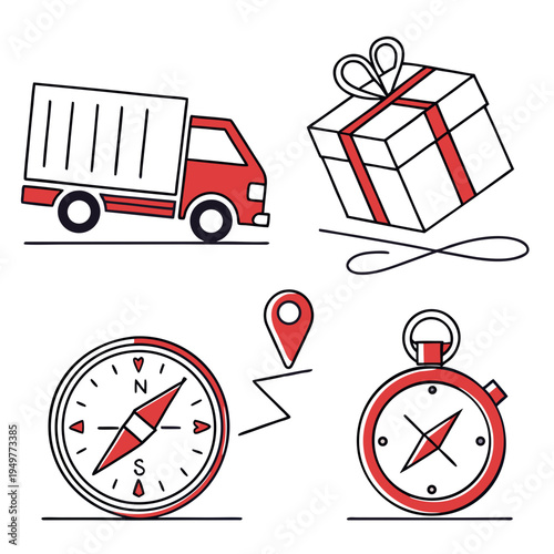 Delivery with truck and compass gift map pin