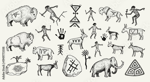 Hand drawn sketch vector set featuring a funny cartoon doodle illustration of wild and farm animals collection including a cat, dog, horse, and cow design pattern