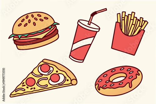 Cartoon fast food including burgers pizza donuts and fries