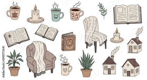 Vintage hand drawn set of sketch icons and cartoon illustrations featuring business signs and Christmas tree silhouettes for seamless furniture design patterns on paper art