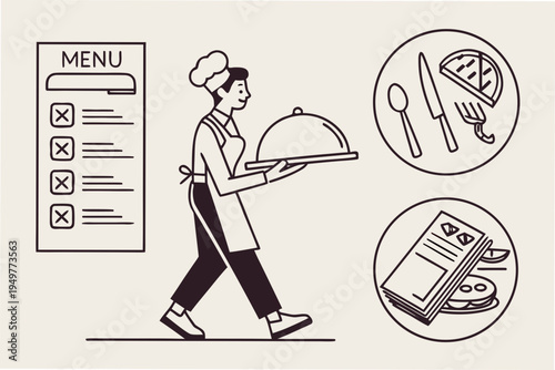 Black and white restaurant and worker food service waiter menu