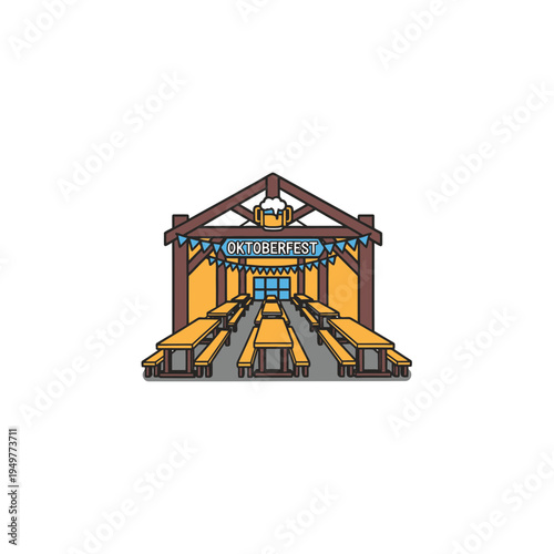 Oktoberfest Beer Tent with Banners and Tables vector illustration