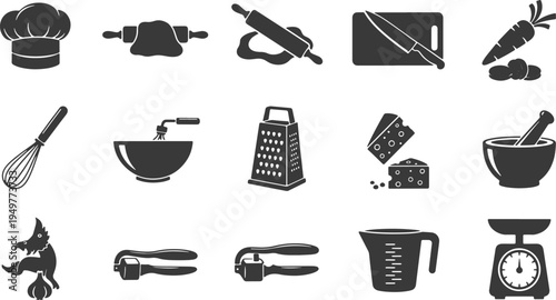 Collection of kitchen tools and ingredients illustrated in black and white icons