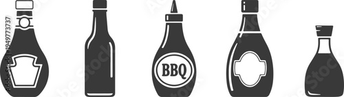 Assorted condiment bottles in a minimalist and stylized design layout