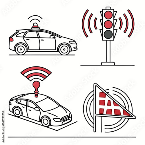 Connected cars with wireless signals and traffic lights transportation technology