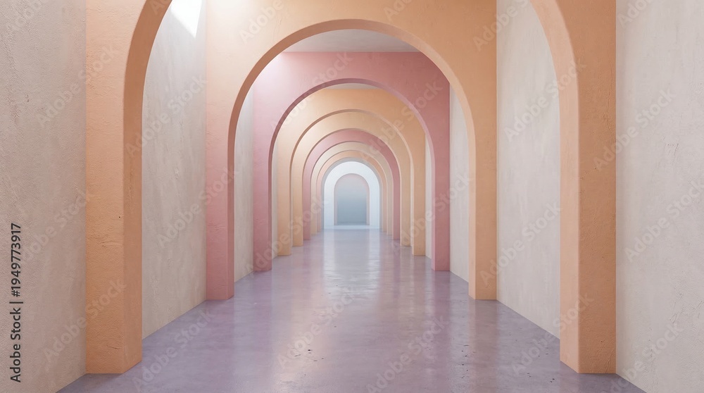 Obraz premium Serene pastel corridor with repeating archways leading to a bright, ethereal distant light source