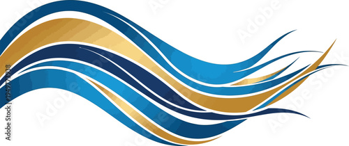 Abstract dynamic vector graphic illustration featuring flowing wavy lines in vibrant shades of blue and elegant gold accent shapes