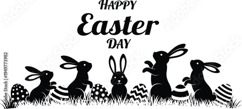 Vector graphic illustration celebrating happy easter day featuring black silhouettes of bunnies with decorated eggs in grass.