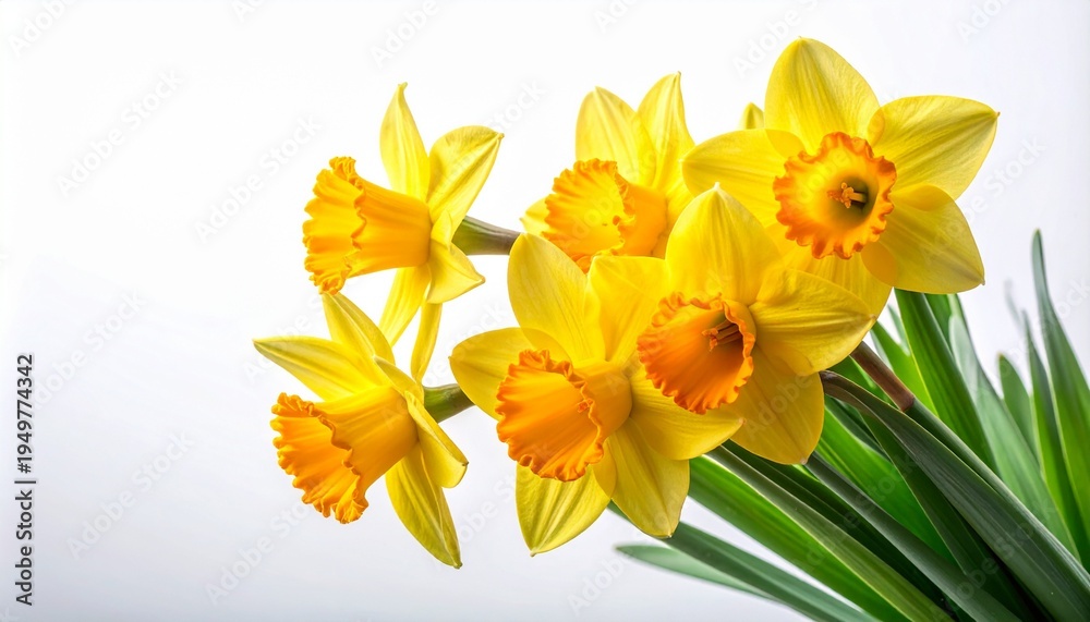 Obraz premium Vibrant yellow daffodils in full bloom with green foliage, perfect spring floral background, macro shot of narcissus flowers on white background for nature and spring themes