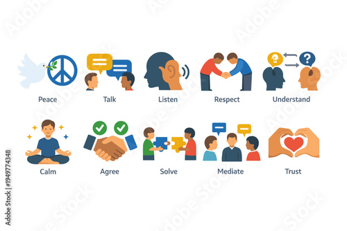 Conflict Resolution and Peace Building Icon Set in Flat Style: Icons for Peace, Talk, Listen, Respect, Understand, Calm, Agree, Solve, Mediate, and Trust for Communication and Cooperation.