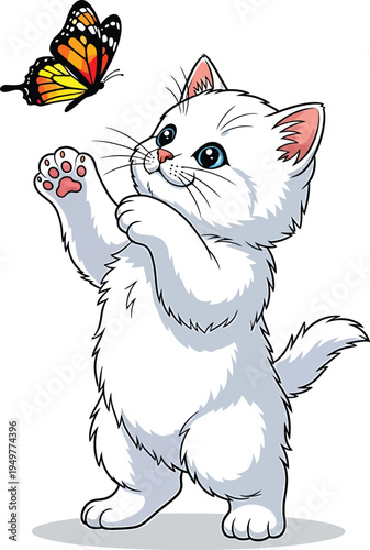 Cute cartoon illustration of a funny kitten sitting with a mouse and a fish, featuring a happy domestic feline character in a vector art drawing style