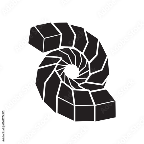 An abstract black and white spiral design composed of interconnected geometric cube segments