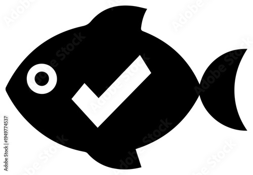 A black fish icon with a white checkmark on a transparent background