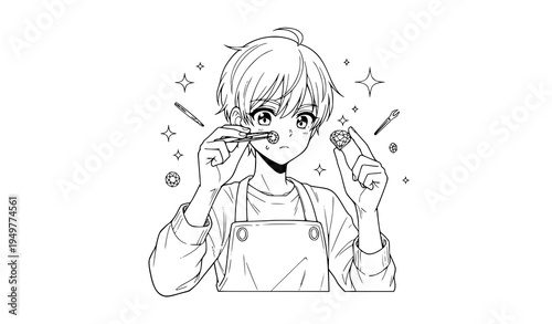 Young anime jeweler inspecting gemstone with tweezers line art vector illustration