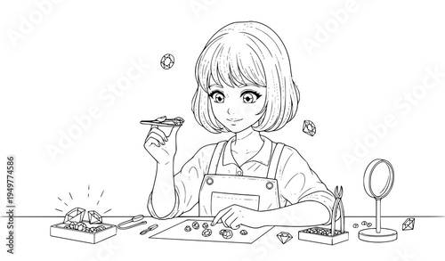 Anime jeweler with gemstone and tweezers at workbench line art coloring page vector illustration