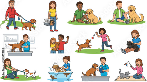 Pet care lifestyle illustration set, people with dogs and cats, walking, grooming, veterinary checkup, training, playing, animal care vector collection
