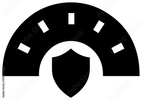 Black filled icon of security posture assessment with shield and gauge meter on white background