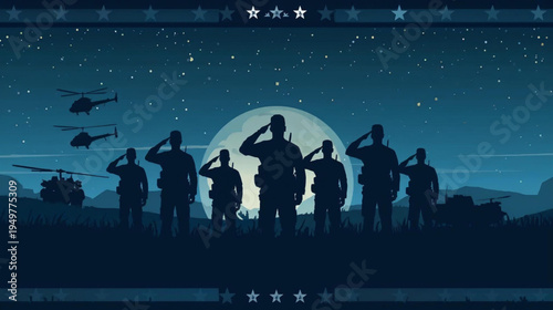 Silhouetted soldiers saluting against a twilight battlefield, with helicopters flying overhead and a tank in the distance