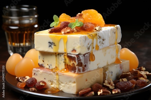 A stack of Italian torrone sits enticingly on a wooden board, adorned with almonds, pecans, and citrus, suggesting a feast of flavors.