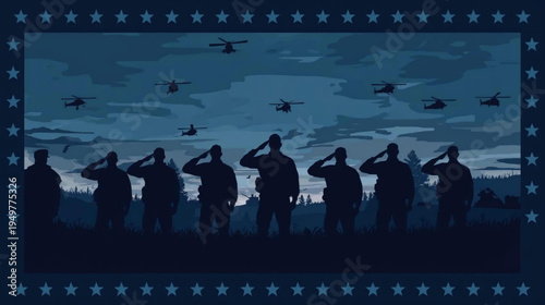 Silhouetted soldiers saluting against a twilight battlefield, with helicopters flying overhead and a tank in the distance