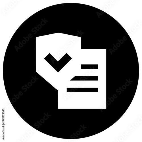 Solid black filled icon of service account auditing symbol with white document and checkmark