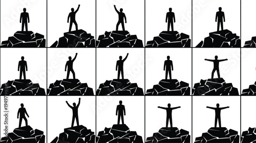 Success achievement silhouette collection, man standing on mountain peak celebrating victory, leadership motivation concept, goal accomplishment vector illustration set