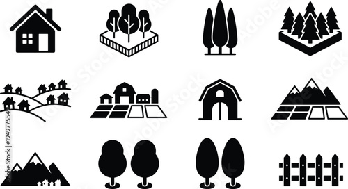 Countryside and landscape icon set, rural houses, forest trees, mountains, farms and fences, black silhouette nature vector collection