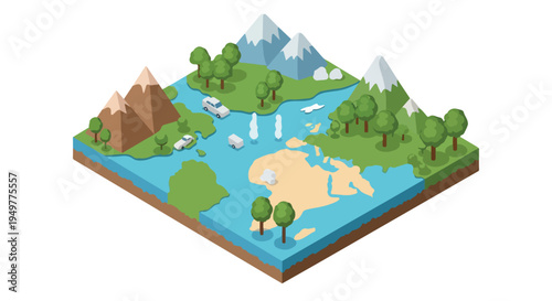 Isometric Cartoon World Map with Mountains, Trees, and Ocean