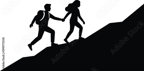 Couple hiking mountain silhouette, man helping woman climb steep trail, teamwork adventure travel concept, outdoor trekking vector illustration design
