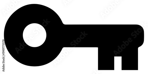 Simple bold solid black icon representing a classic key with a circular head and a notched bit isolated on a clean white background symbolizing access security and solutions