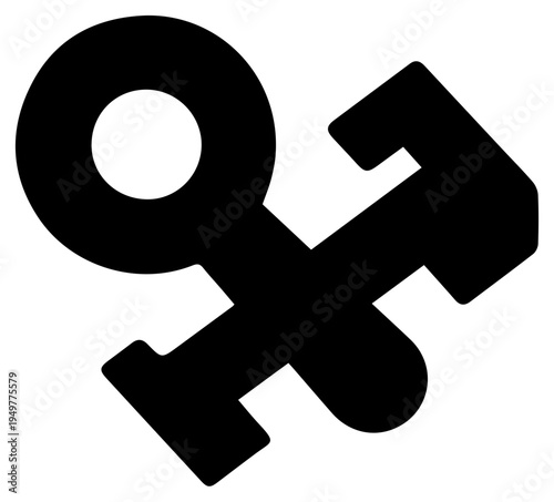 Abstract solid black icon symbolizing secure access digital key authentication and synchronized data transfer representing technology security and it solutions for digital