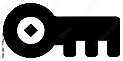 Stylized black silhouette of a service account key icon with a diamond shape in the center representing access security and digital credentials in technology and business concepts